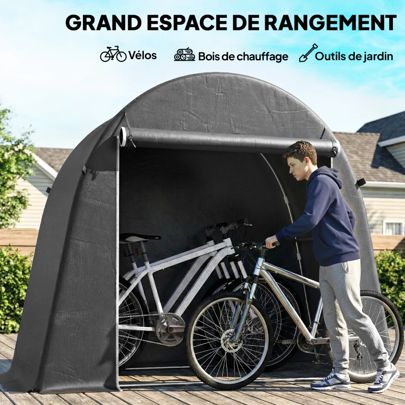 Outsunny Abri de jardin tente de stockage étanche abri moto porte enroulable fermeture éclair, 245 x 120 x 200 cm, gris foncé