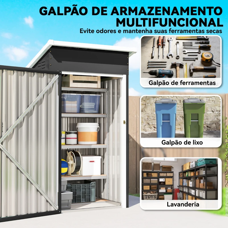 Outsunny Abrigo Exterior Metálico 107,5x91x185 cm Abrigo de Jardim com Teto Inclinado Porta com Trinco Ventilação e Luvas Cinza Escuro