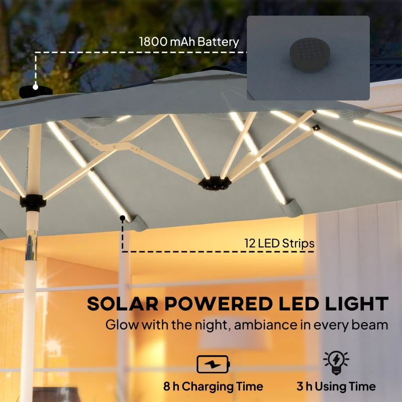 Outsunny 3 m Double-Sided Garden Parasol with LED Solar Lights, Outdoor Extra Large Sun Umbrella with Crank Handle, Grey