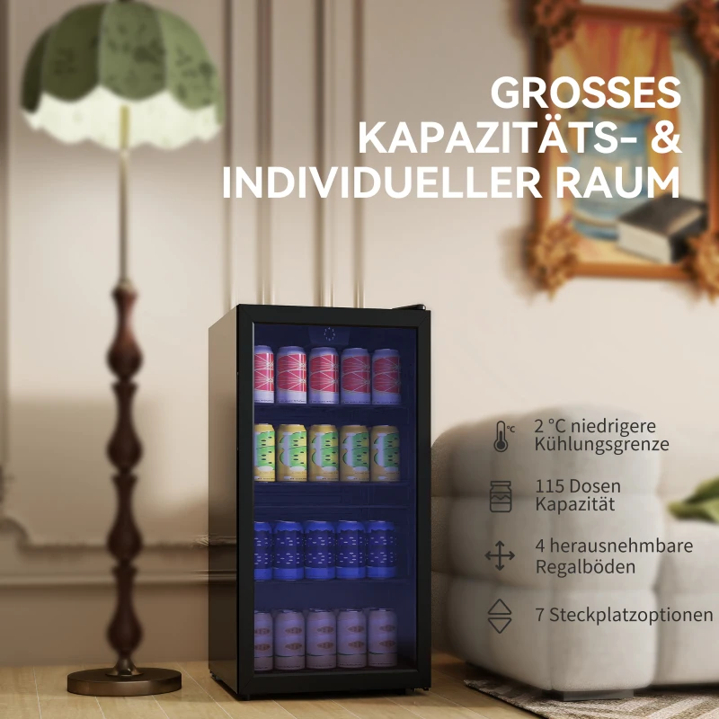 HOMCOM Mini koelkast 93 L koelbox met glazen deur, verstelbare planken, LED, temperatuurregeling, 47,2 x 43,7 x 83,3 cm Zwart