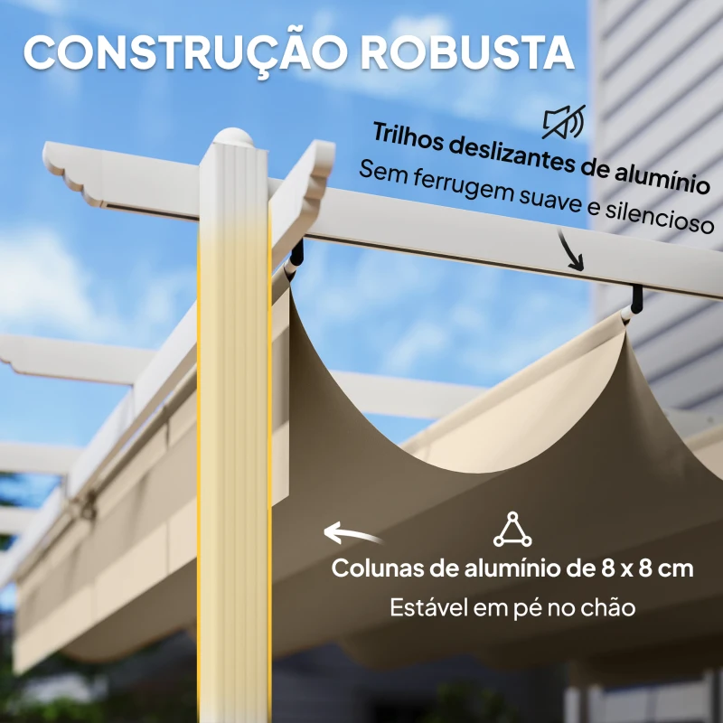 Outsunny Pérgola de Jardim 4x3 m com Teto Retrátil Proteção UPF30+ Drenagem Pérgola de Exterior para Terraço Bege