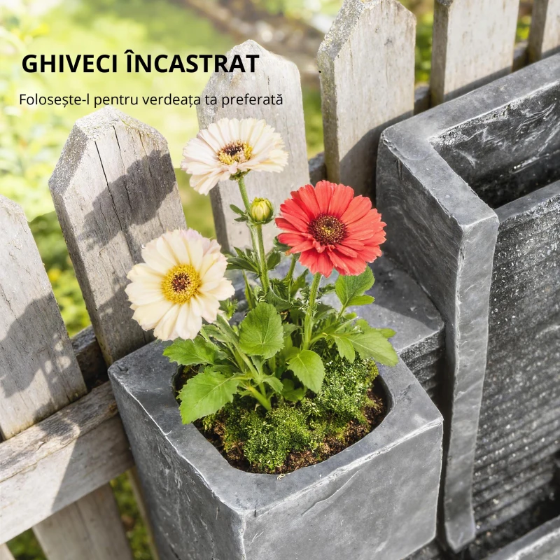 Outsunny Fântână 3 trepte pentru grădină cu iluminare LED, ghiveci, pompă, aspect piatră, reglabil 38 x 19 x 101 cm