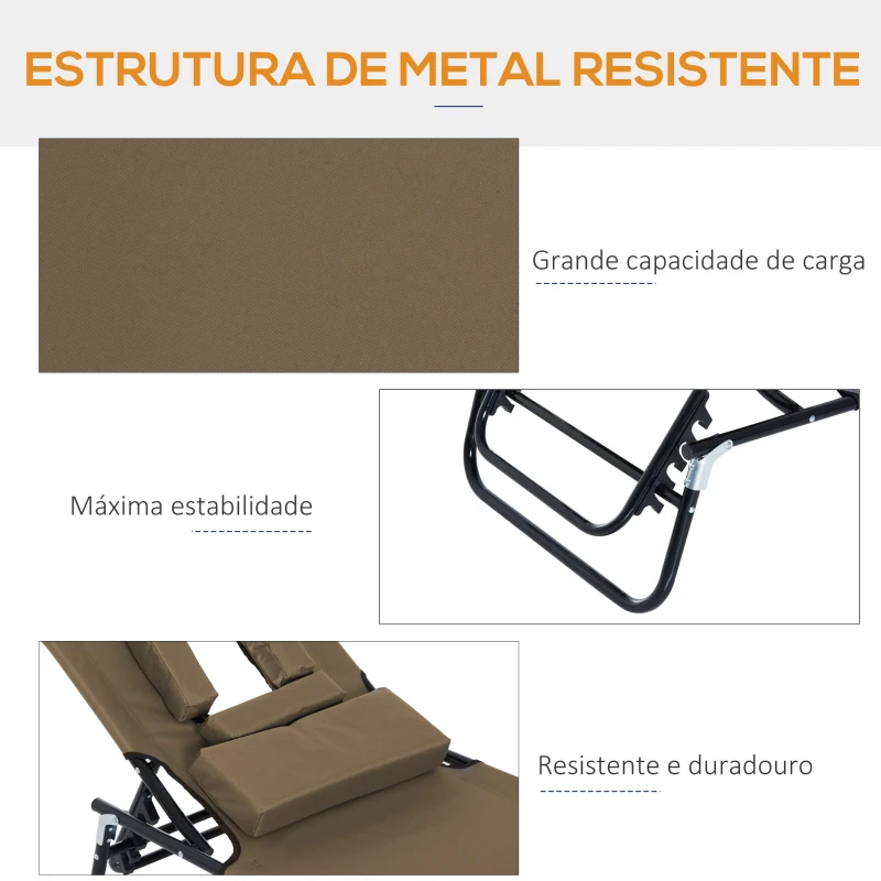 Outsunny Espreguiçadeira Dobrável com Encosto Ajustável 4 Posições com Orifício para Leitura Almofada Tecido Oxford 190x56x28 cm Castanho