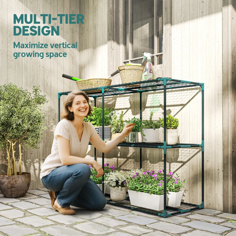 Outsunny Trzypoziomowy stojak na rośliny, 100 cm wysoki regał z półkami, stalowy, ciemnozielony