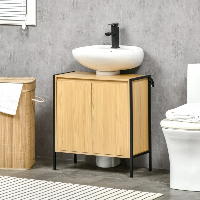 kleankin Meuble sous lavabo de salle de bain armoire sous vasque piètement en métal Double Porte - 60 x 30 x 62,5 cm - Noir et Couleur Bois