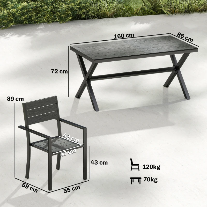 Outsunny Conjunto de Jantar Exterior 7 Peças para 6 Pessoas, Mesa e Cadeiras Empilháveis com Ripado Efeito Madeira, Estrutura em Alumínio, Cinza