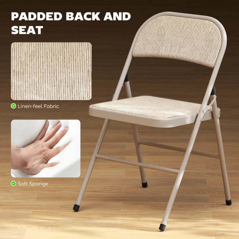 HOMCOM Zestaw 2 składanych krzeseł, przenośne krzesła biurowe, metalowe nogi, składane krzesło do biura, recepcji, poczekalni, wygląd lnu, beżowe