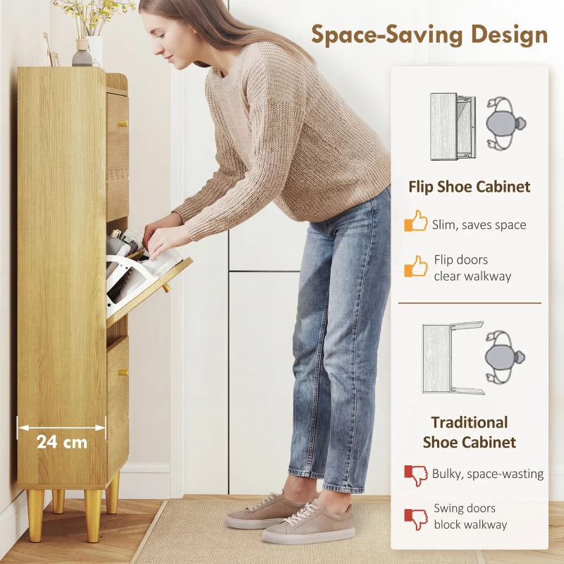 HOMCOM Narrow Shoe Cabinet, Modern Shoe Storage Cabinet with 3 Flip Drawers, Oak