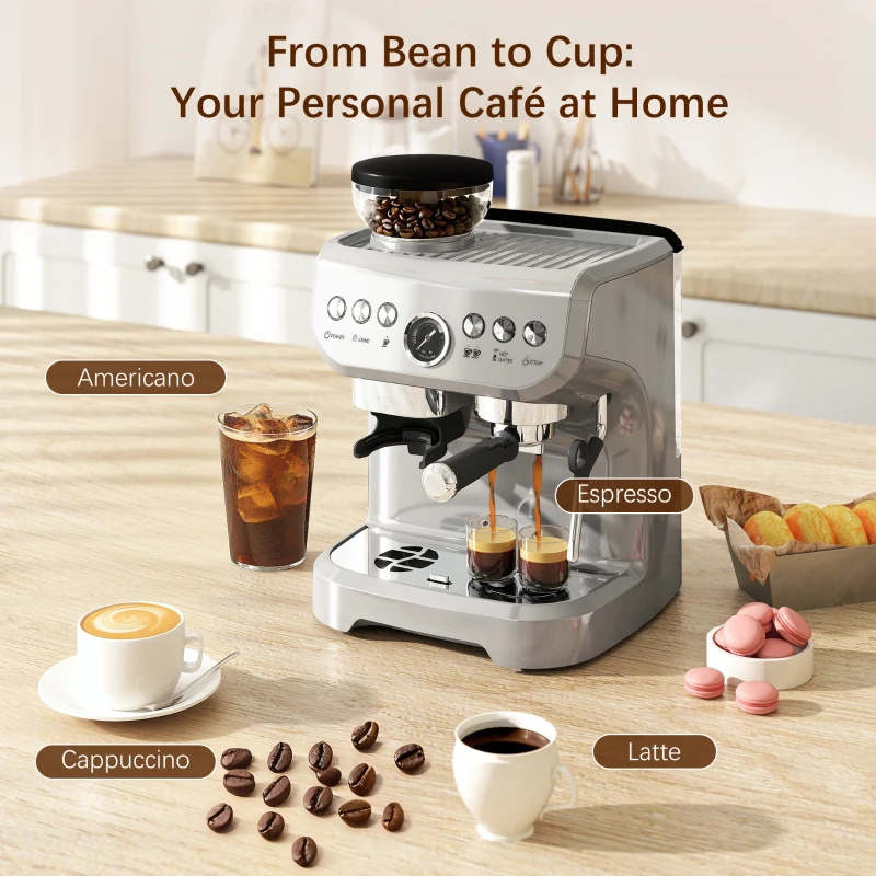 HOMCOM 15 Bar Coffee Machine with 15 Adjustable Grind Setting, Steamer and Complete Kit - Silver Colour