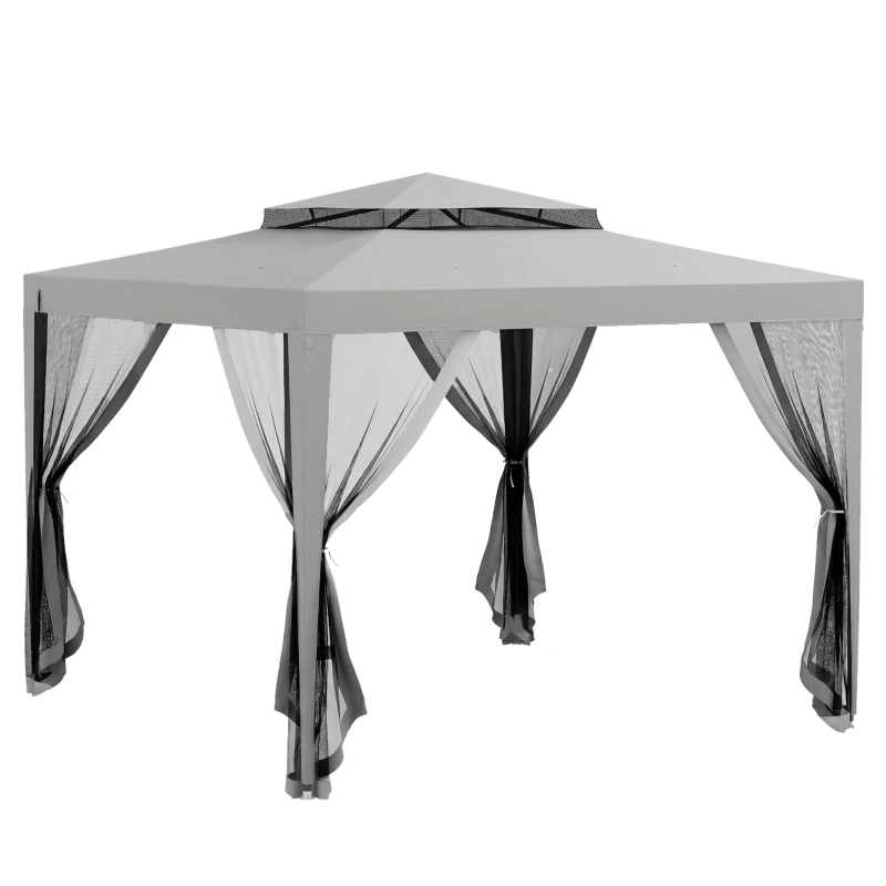 Outsunny 3 x 3 m Gazebo, Netting Party Tent, Patio Canopy Outdoor Event Shelter with Double Tier Roof, Light Grey