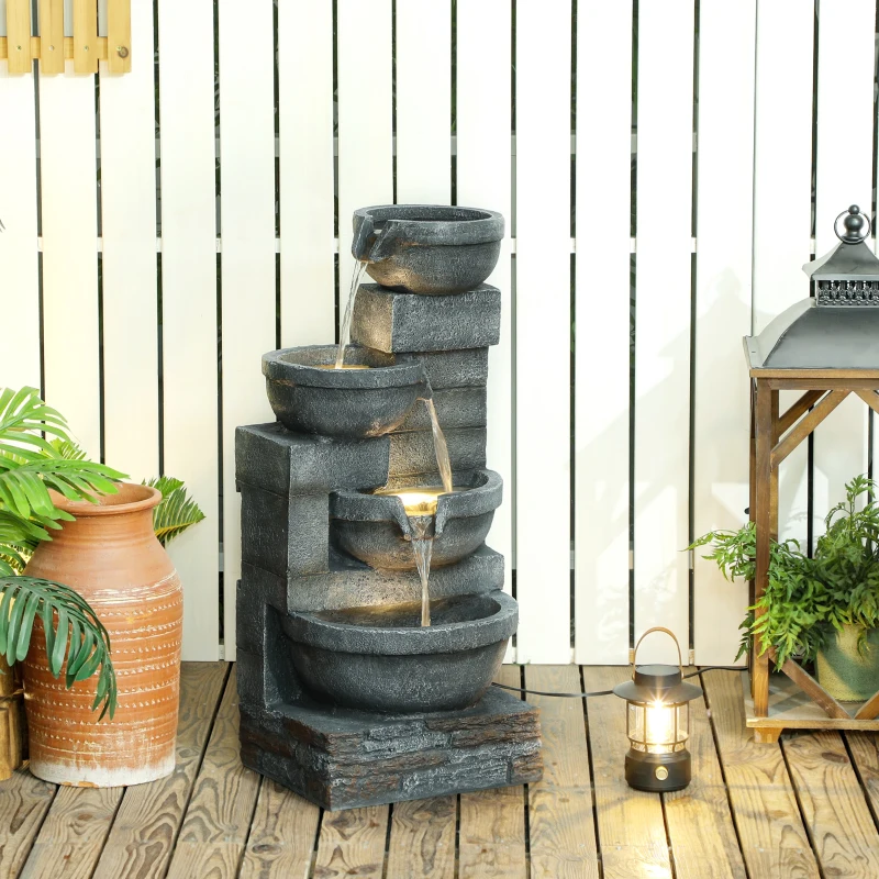 Outsunny Fontaine extérieure de jardin cascade avec éclairage LED, pompe inclus, 38 x 35 x 78,5 cm, gris