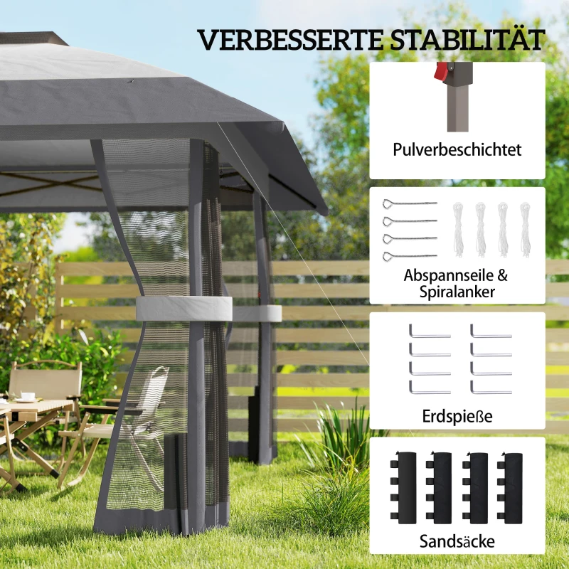 Outsunny Pavillon 4x4m Wasserdicht Höhenverstellbar Pop-up Faltpavillon mit Doppeldach 4 Netzseiten, UV 30+Hellgrau