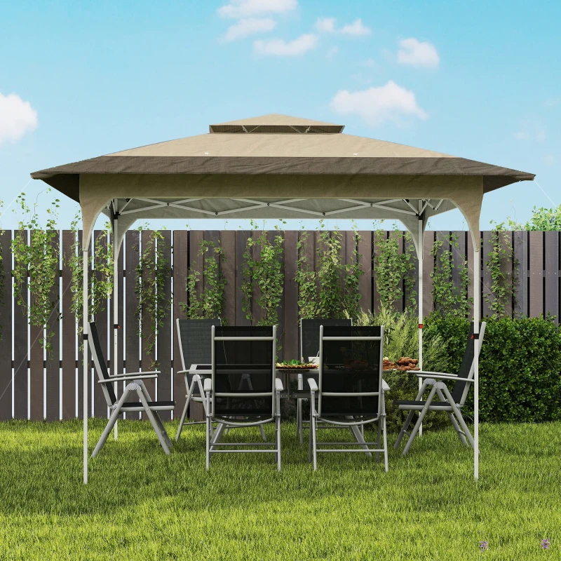 Outsunny Tenda Dobrável 3,5x3,5 m Pop-up com Altura Ajustável 3 Níveis Duplo Telhado Fecho Central e Saco UPF50+ Caqui