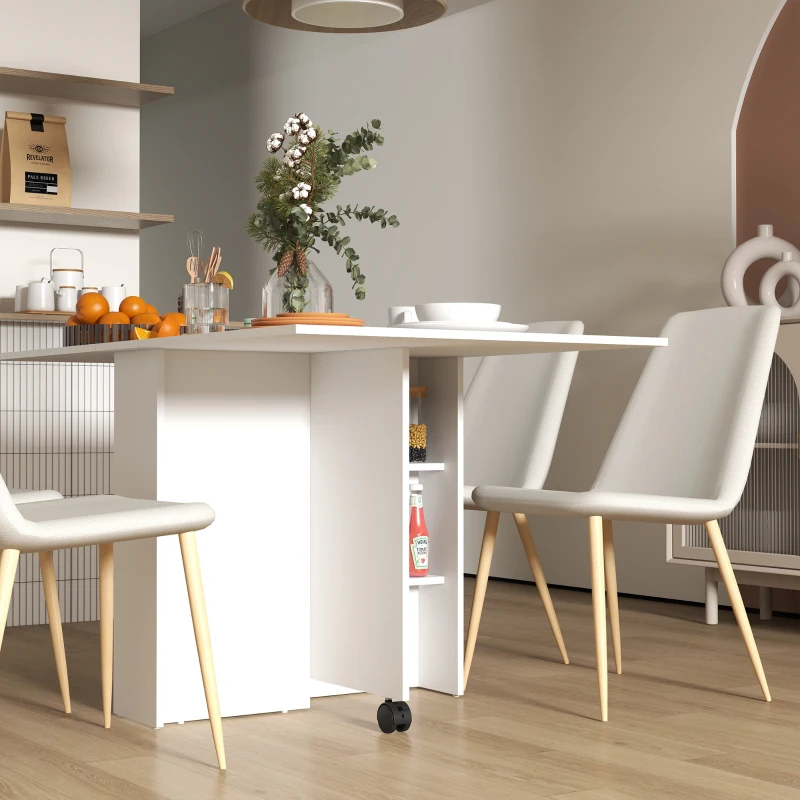 HOMCOM Masă Pliabilă și Extensibilă pentru 4-6 Persoane cu 2 Rafturi și 2 Roți, din Lemn și Metal, 140x80x74 cm, Alb(m-14)