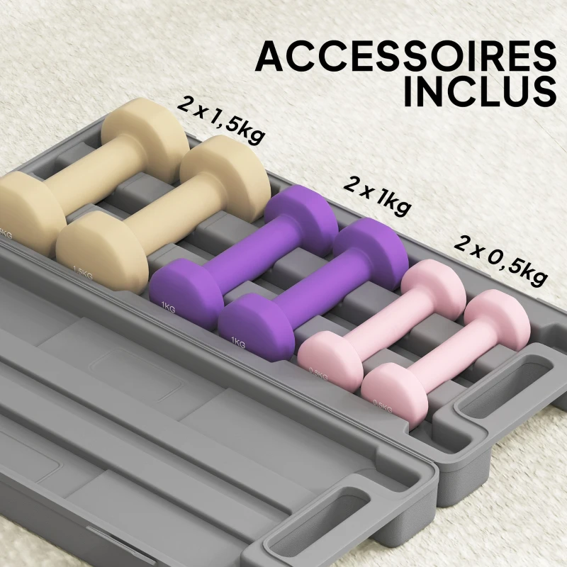 HOMCOM Ensemble d'haltères courtes multicolores total 6 kg avec mallette 6 haltères 0,5kg, 1kg, 1,5kg rose, violet, café