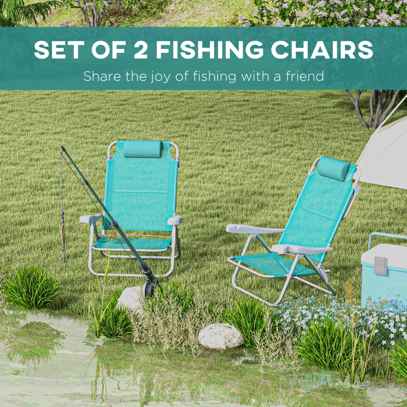 Outsunny Zestaw 2 składanych krzeseł campingowych z siateczkowym regulowanym oparciem i zagłówkiem, 62 x 65 x 80 cm, turkusowe