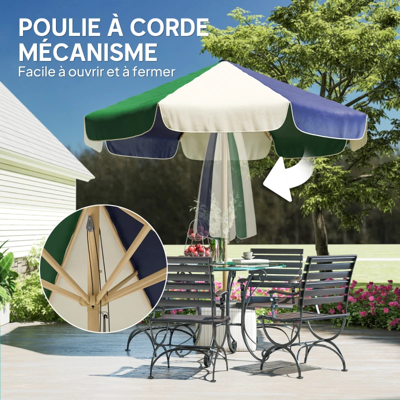 Outsunny Parasol de Jardin à Corde Protection Solaire UPF30+ Style Rétro Effet Bois avec Volants Inclinable Ø 226 cm Crème et Vert