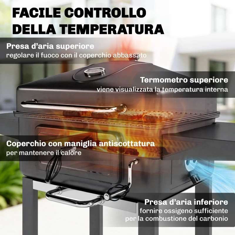 Outsunny Barbecue a Carbone, Affumicatore Portatile con Ventilazione, Termometro e Mensole Laterali, Nero
