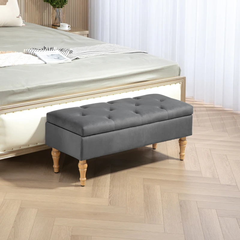 HOMCOM Banc coffre de rangement 2 en 1 banquette en velours avec couvercle à charnière capitonné et pieds en bois, gris foncé