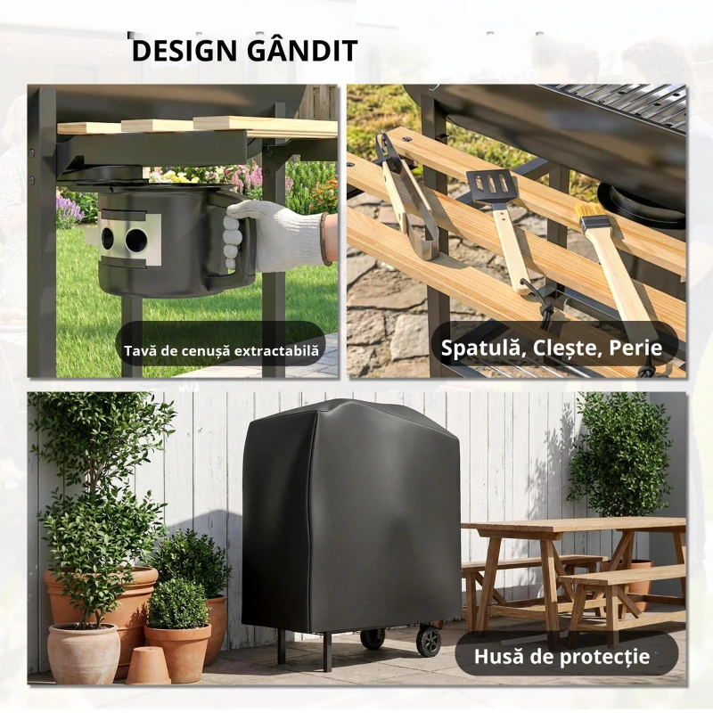 Outsunny Grătar pe cărbuni cu căruț de gătit, etajere pliabile, termometru, roți, rotisor electric, negru