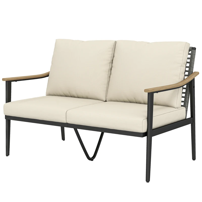 Outsunny 2 Seater Rattan Sofa, Outdoor Garden Sofa with Wood-Effect Armrests, Cushions for Patio, Balcony, Khaki