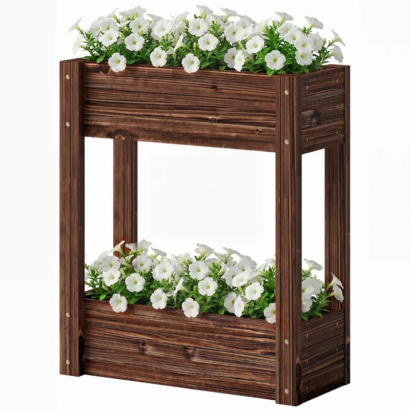 Outsunny 2-Tier Wooden Raised Planter, Raised Garden Bed on Legs with Drainage Holes and Bed Liner, Elevated Garden Planter