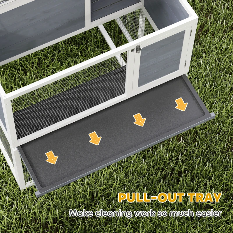 PawHut Dwupoziomowy Domek dla Królików z Drewna z Wodoodpornym Składanym Dachem, Wybiegiem, Rampą, 98x95x102,5 cm Szary