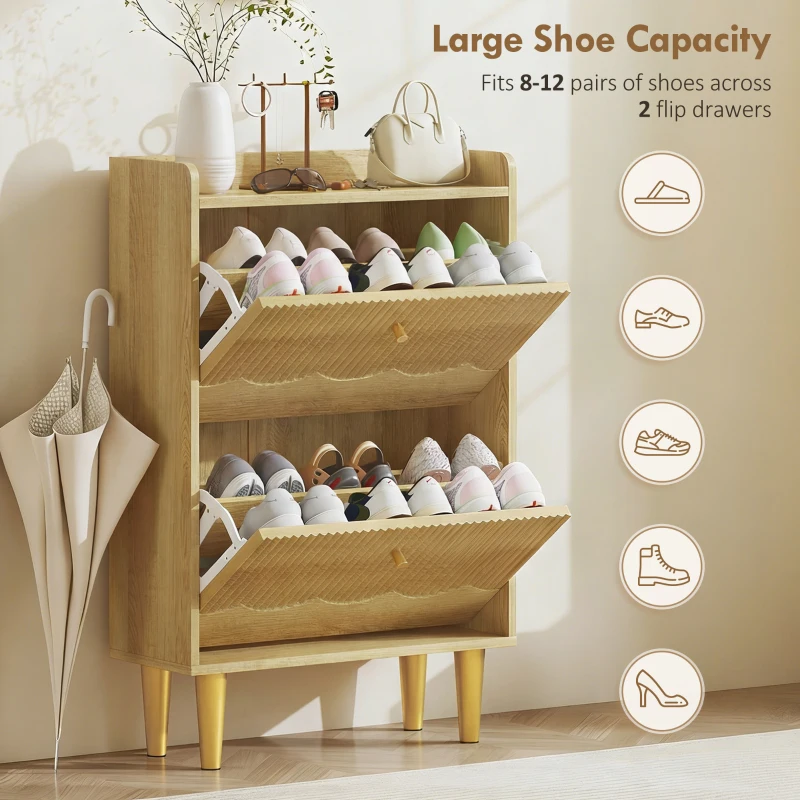 HOMCOM Narrow Shoe Cabinet, Modern Shoe Storage Cabinet with 2 Flip Drawers, Oak