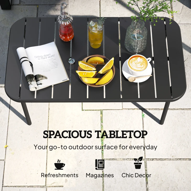 Outsunny Stolik kawowy na zewnątrz, prostokątny metalowy stolik patio z lamelowym blatem, odporny na warunki atmosferyczne