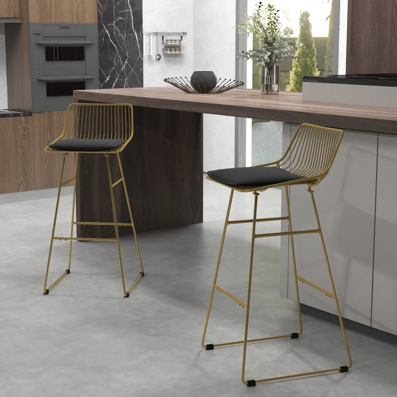 HOMCOM Lot de 2 chaises de bar design acier filaire doré avec coussin noir repose-pieds convient pour tables de 104-109 cm