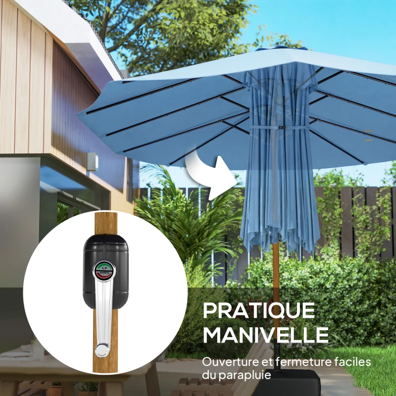Outsunny Parasol de jardin double 5 x 3 m parasol de jardin extérieur avec base incluse, manivelle, protection UV, bleu