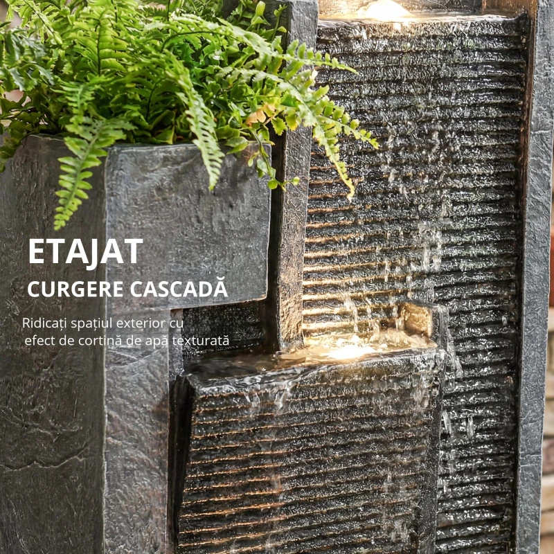 Outsunny Fântână 3 trepte pentru grădină cu iluminare LED, ghiveci, pompă, aspect piatră, reglabil 38 x 19 x 101 cm