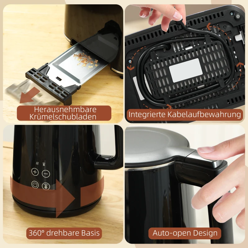 HOMCOM zestaw czajnik i toster ze stali nierdzewnej, 1,5 l, 2200 W, automatyczne wyłączanie, funkcja podtrzymywania ciepła 40–100°C, toster na 2 kromki z 7 poziomami opiekania, funkcje rozmrażania i podgrzewania, wyświetlacz LED, czarny