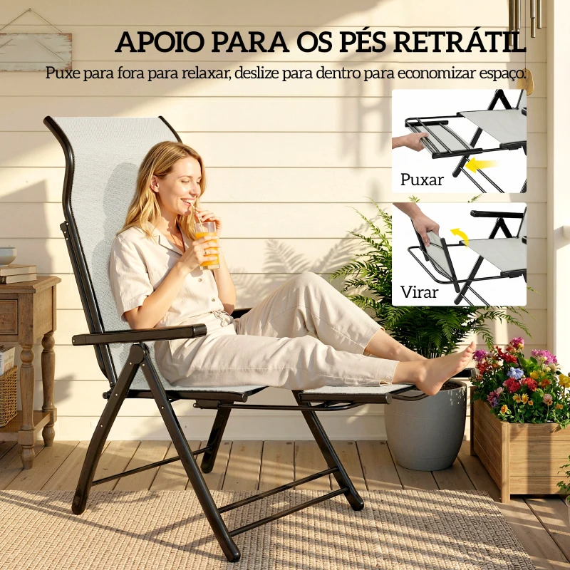 Outsunny Conjunto de 2 Cadeiras Dobráveis Reclináveis de Jardim Exterior com Encosto Alto Ajustável em 5 Posições Apoio para Pés Cinza Claro