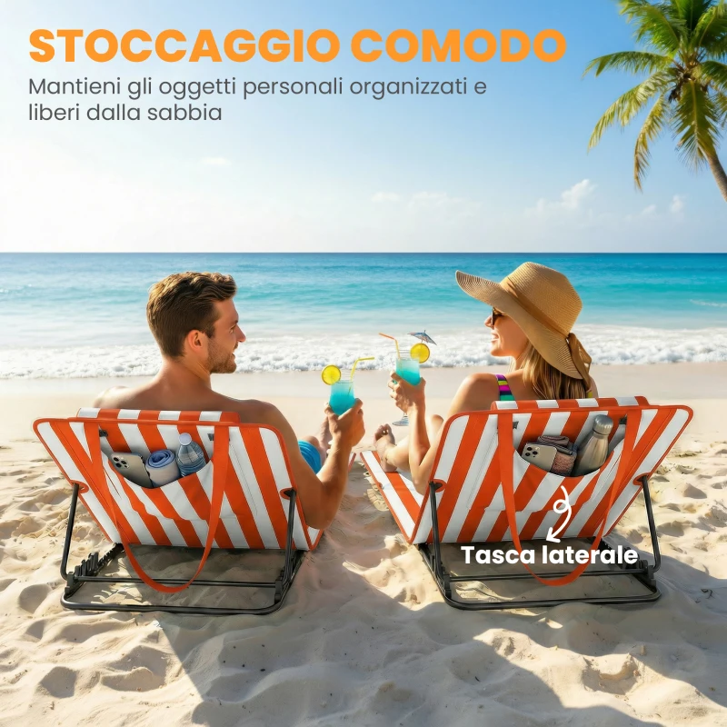 Outsunny Set 2 Lettini Pieghevoli Portatili, Spiaggia, Schienale Regolabile, Arancione.