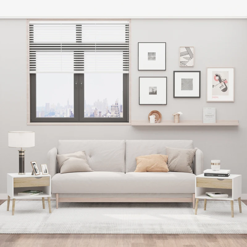 HOMCOM Set of 2 Bedside Tables with Drawer and Shelf, Modern Nightstand, End Table for Bedroom, Living Room