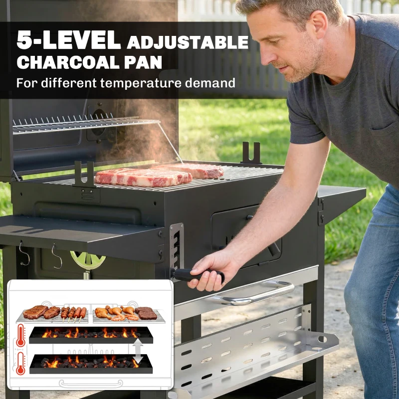 Outsunny Charcoal BBQ Grill Smoker with Electric Rotisserie Kit, Portable Barbecue Grill with Warming Rack, Black