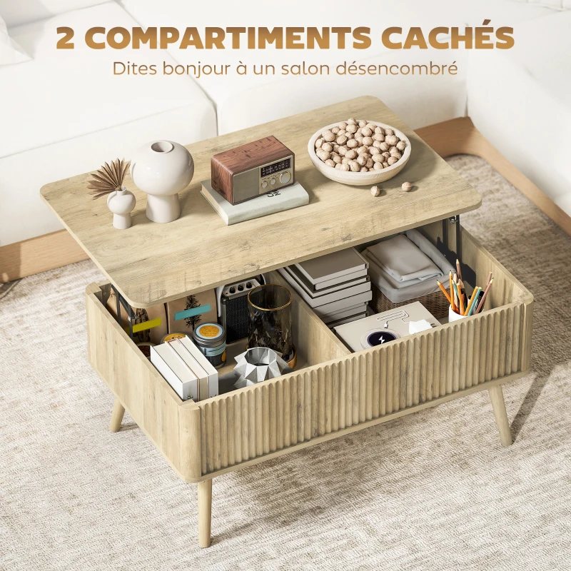 HOMCOM Table basse relevable, table de salon avec 2 compartiments cachés et pieds en pin, 91 x 56 x 43 cm, chêne