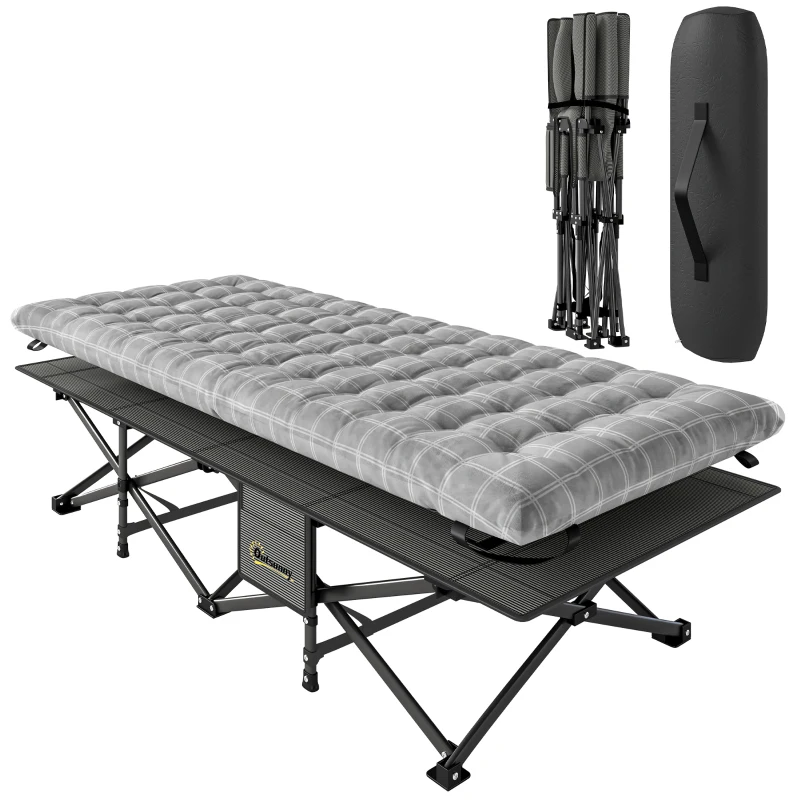 Outsunny Camping Cot with Soft Pad, 80cm Extra Wide Folding Cots with Side Pocket and Carry Bag, Grey
