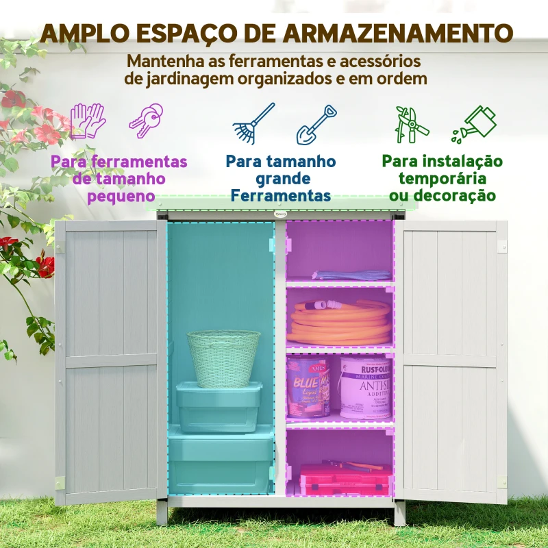 Outsunny Armário de Jardim de Madeira 75x40x90 cm Armário para Armazenamento de Ferramentas com 4 Prateleiras 2 Portas Cinzento