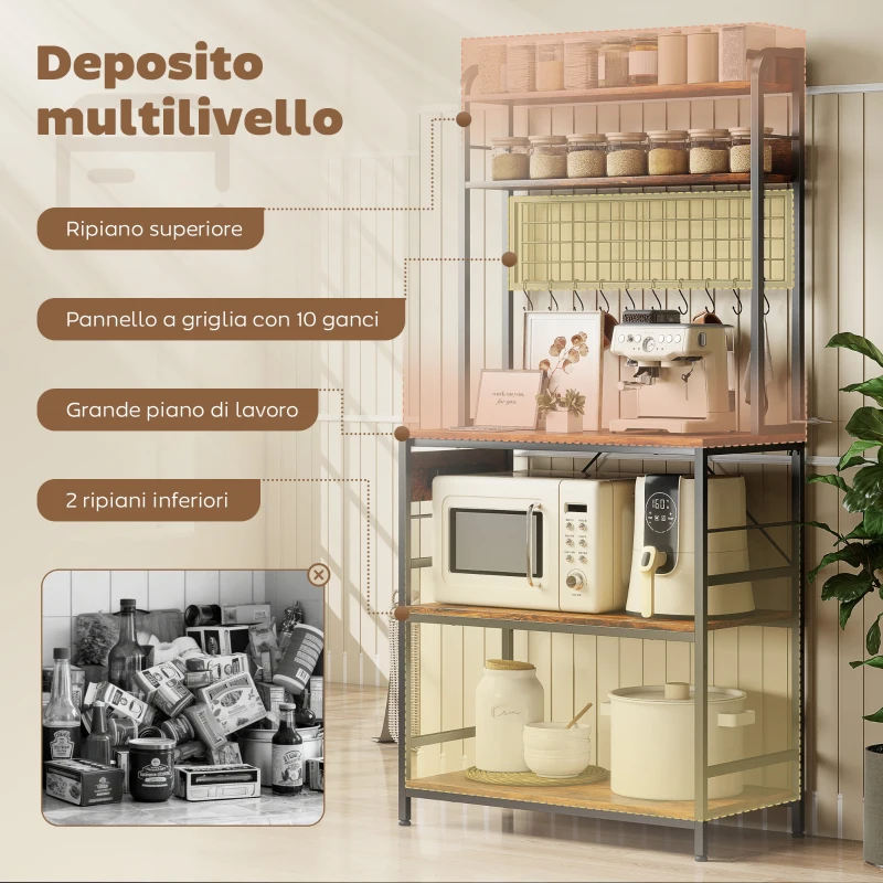HOMCOM Scaffale da Cucina con Stazione di Ricarica, 5 Ripiani e 10 Ganci a S, in Legno e Acciaio, 80x40x170 cm, Marrone