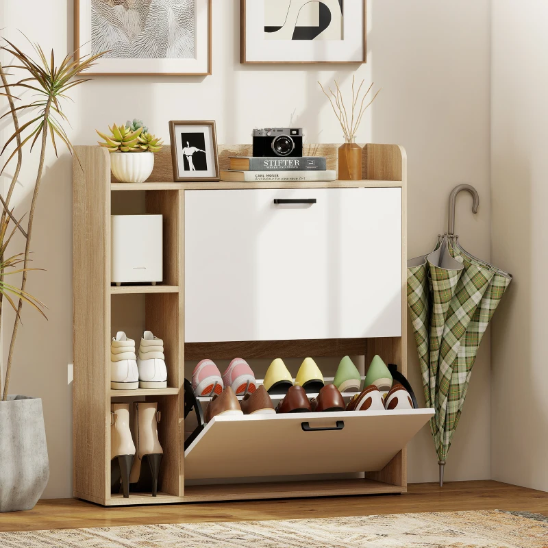 HOMCOM Meuble à chaussures 15 paires, armoire à chaussures moderne avec 2 tiroirs rabattables, 83x24x90,5cm, effet bois naturel