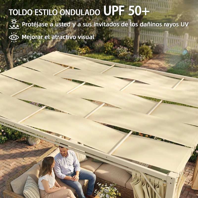 Outsunny Pérgola de Jardín 3x4 m con Protección UPF 50+ Gazebo con Cortinas Estructura de Acero para Sombra Exterior Beige