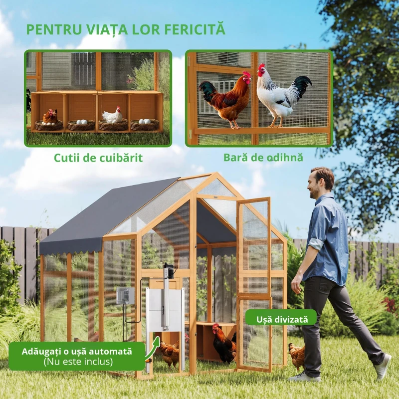 PawHut Coteț pentru găini 3,07 m² tarc exterior din lemn cu husă impermeabilă, încuietoare de siguranță, pentru 6-8 găini 1,7 x 1,8 x 1,8 m