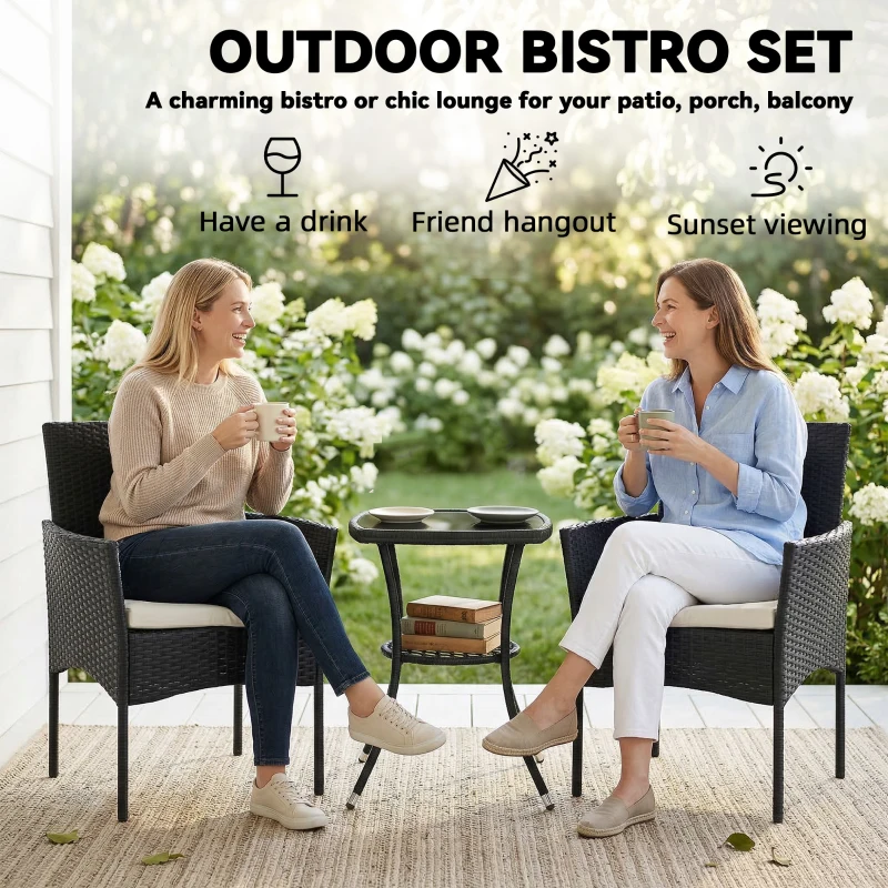 Outsunny 3 Piece Rattan Bistro Set, PE Wicker Garden Furniture Conversation Set with 2 Tier Glass-Top Table, Chairs, Cream White
