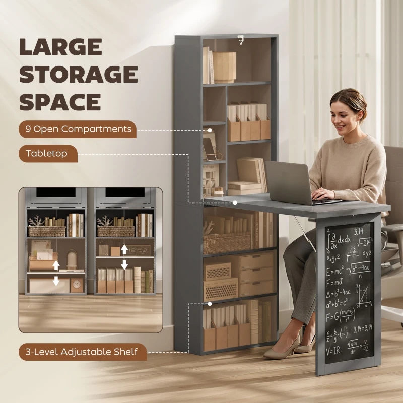 HOMCOM Folding Convertible Desk with Blackboard Multi-function Computer Office Workstation Side Shelf, Grey