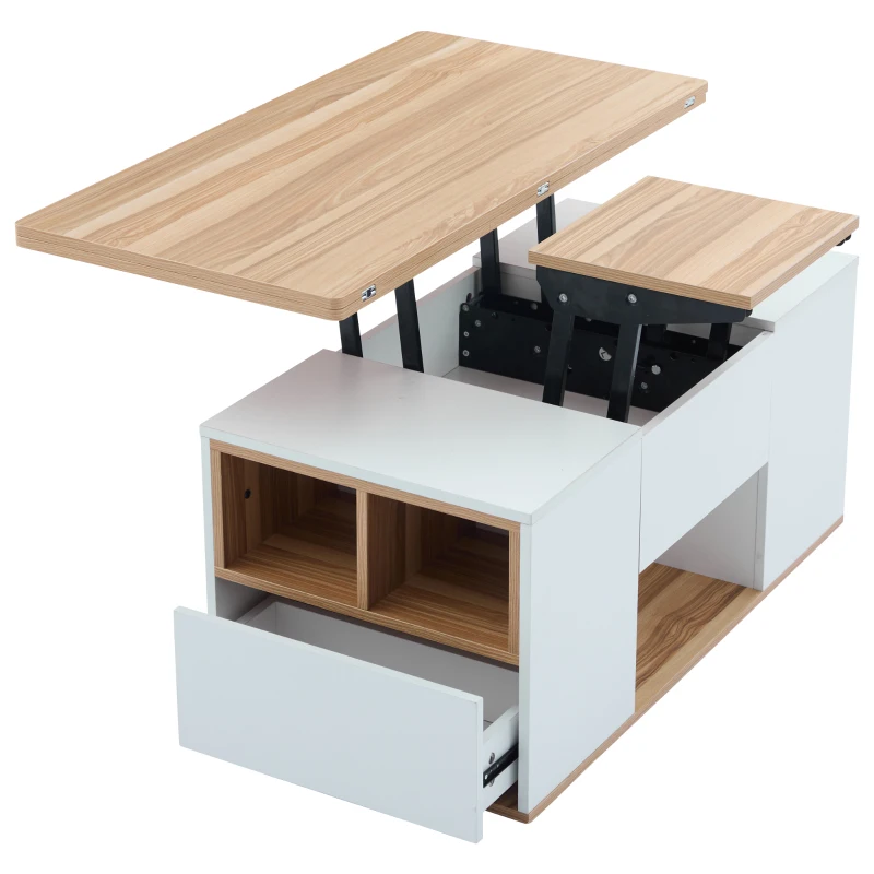 Lift-Top Coffee Table with Storage, 3 Drawers and Adjustable Height, 100x51x47 cm, White & Oak