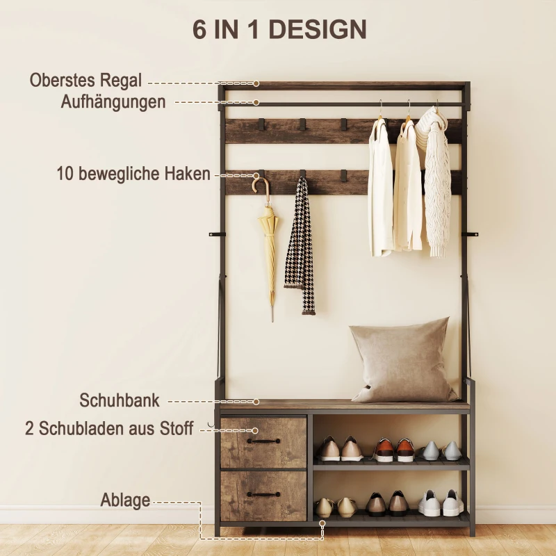 HOMCOM 6-in-1 Garderobenständer mit Schuhregal, Industrie-Stil, 10 Haken, 2 Stoffschubladen, Metall, Braun