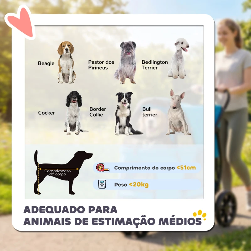 PawHut Carrinho para Cães Dobrável com 3 Rodas Janelas de Rede Almofada Lavável Todo o Terreno Carga 20 kg 92x63x95 cm Azul