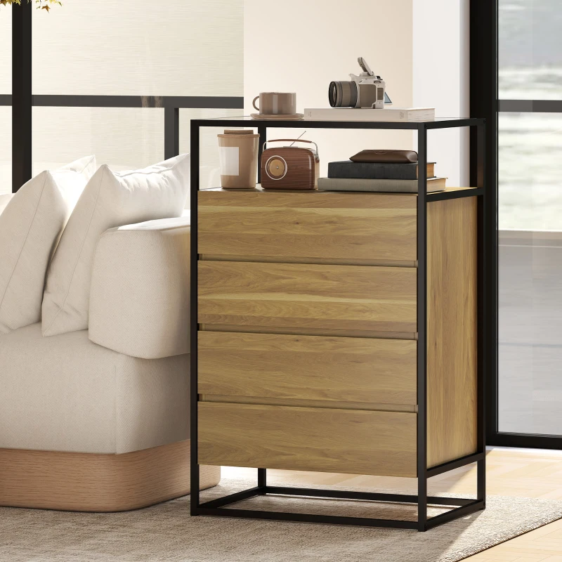 HOMCOM Cómoda Dormitorio con 4 Cajones Superficie de Vidrio Templado Estante Abierto Estructura de Acero 60x40x94,5 cm Teca